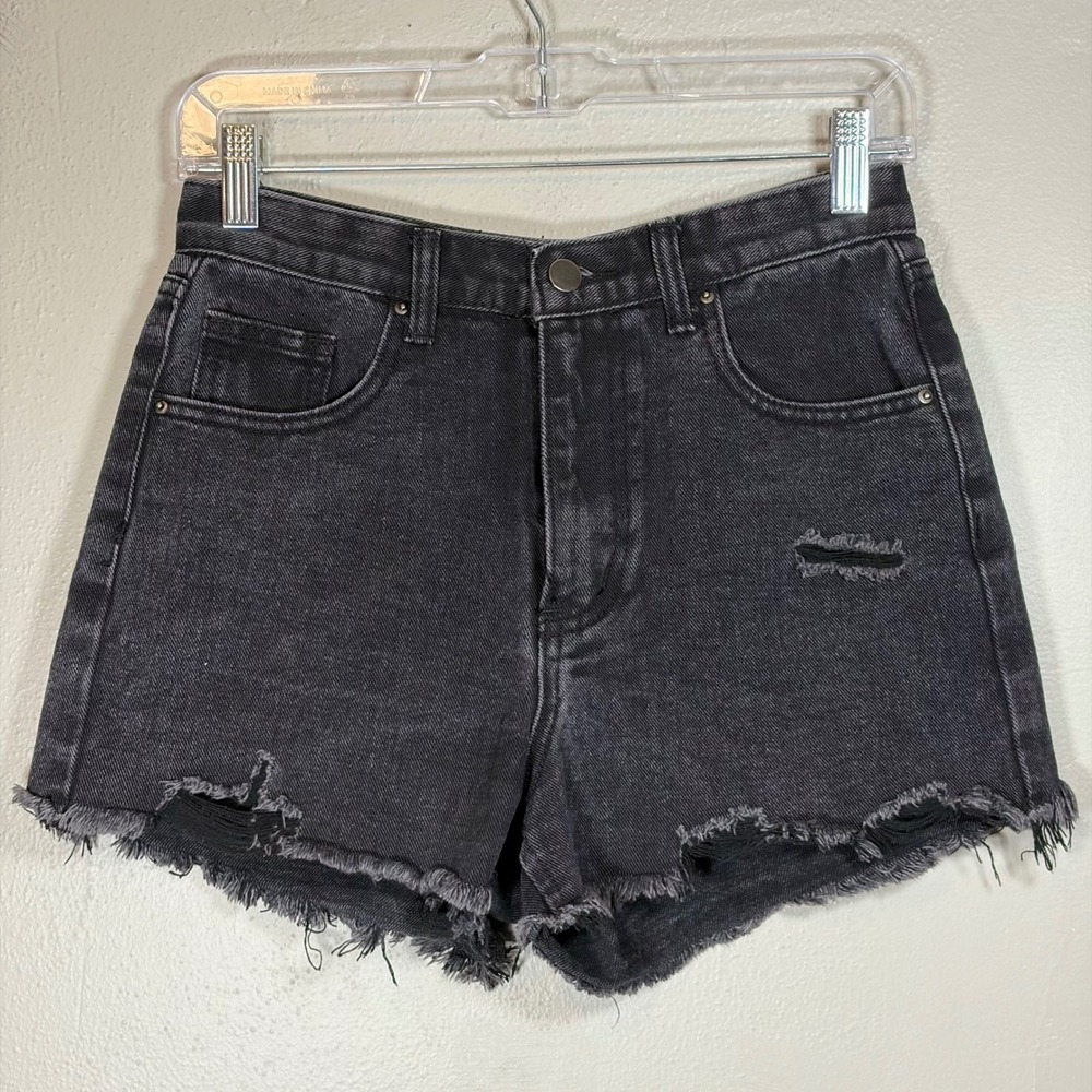 Nasty Gal Distressed High Waisted Denim Shorts Washed Black Raw Hem UK 8 EU‎ 36